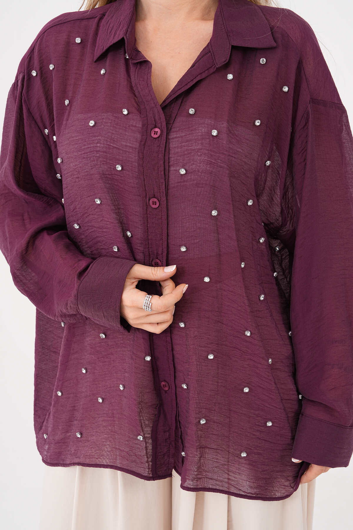 Renk: Mürdüm | Taşlı Oversize Gömlek