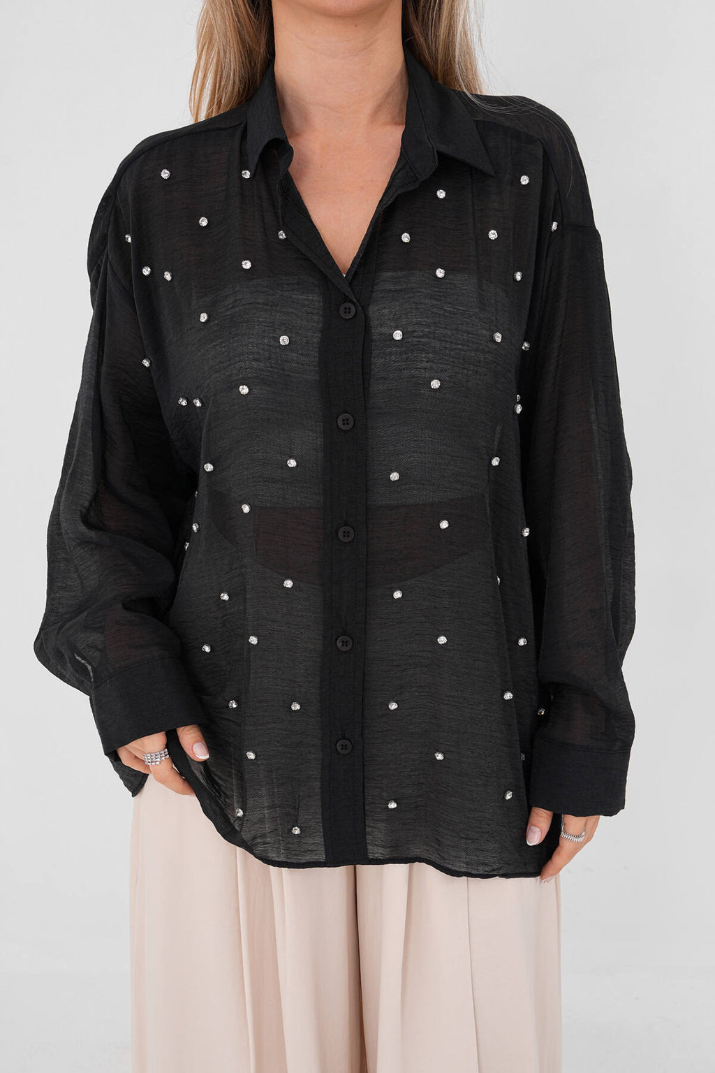 Renk: Siyah | Taşlı Oversize Gömlek