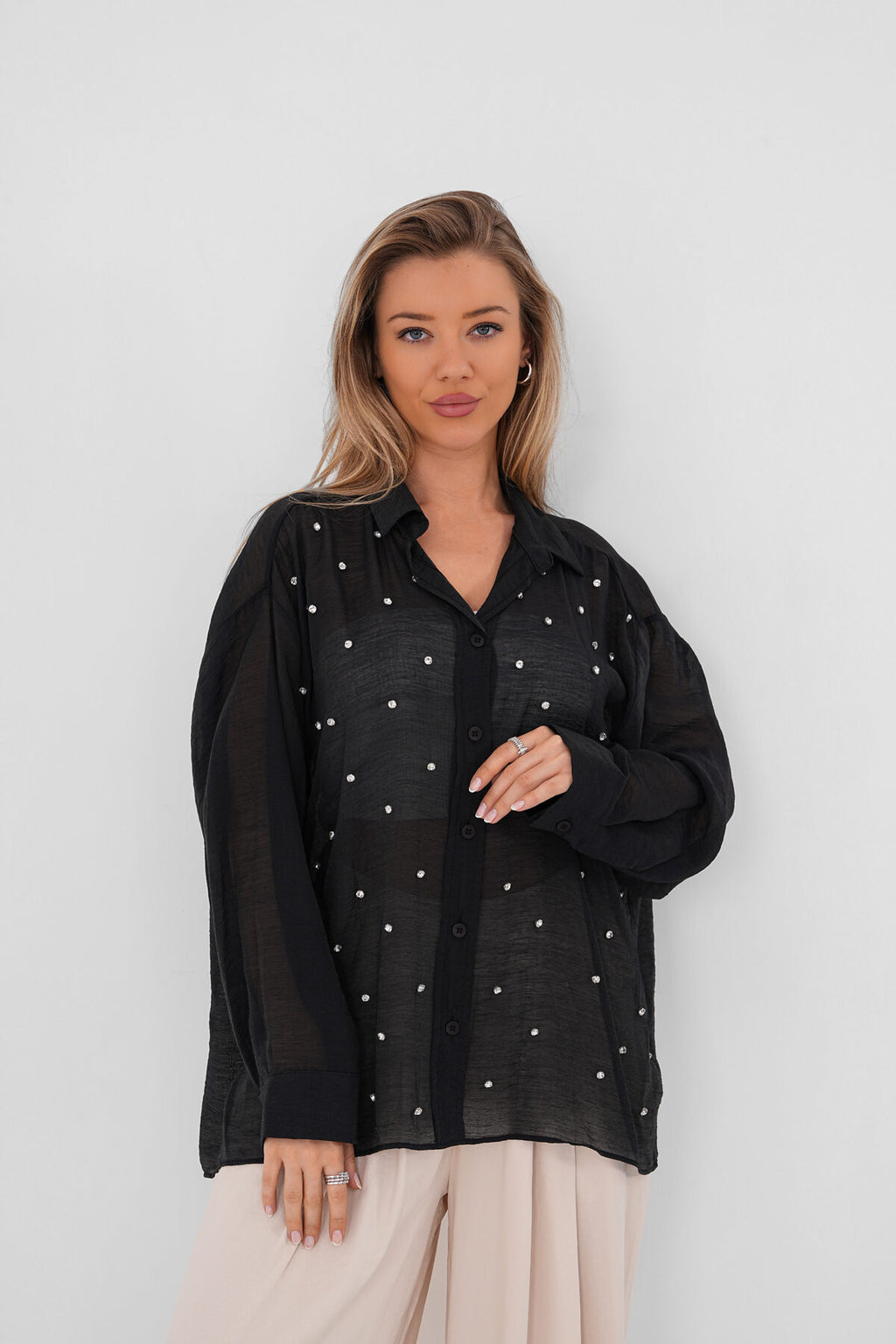 Renk: Siyah | Taşlı Oversize Gömlek