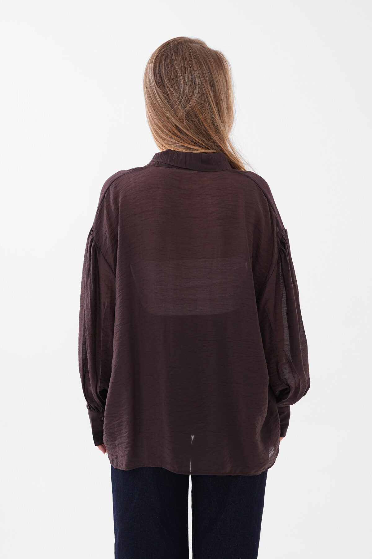 Renk: Kahverengi | Yaka Bağlamalı Oversize Bluz