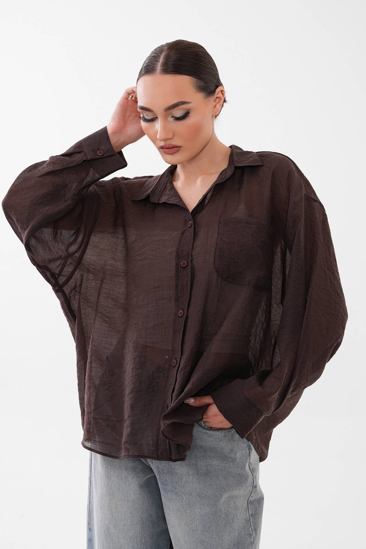 Renk: Kahverengi | Transparan Oversize Gömlek