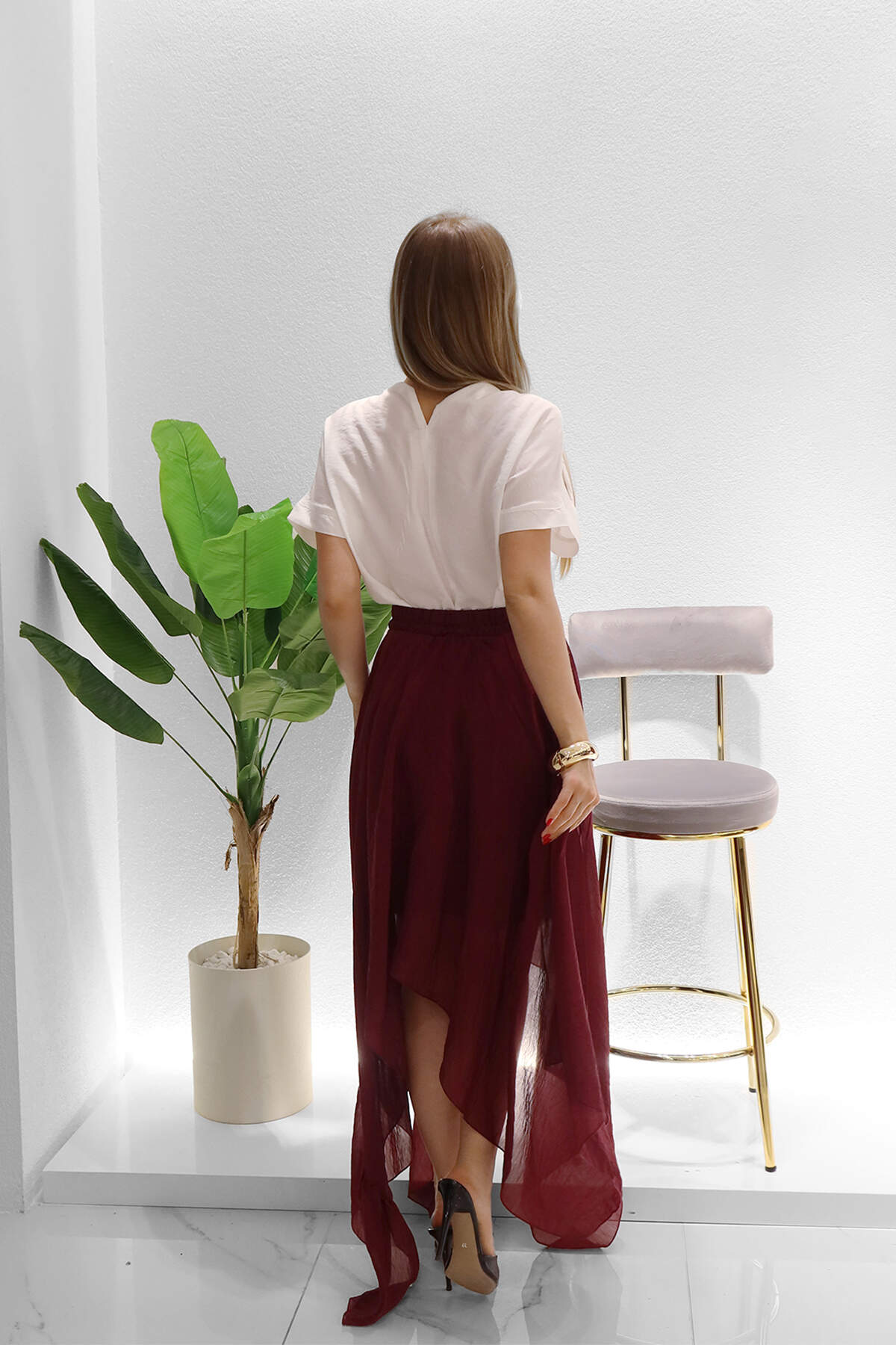 Renk: Bordo | Astarlı Asimetrik Etek