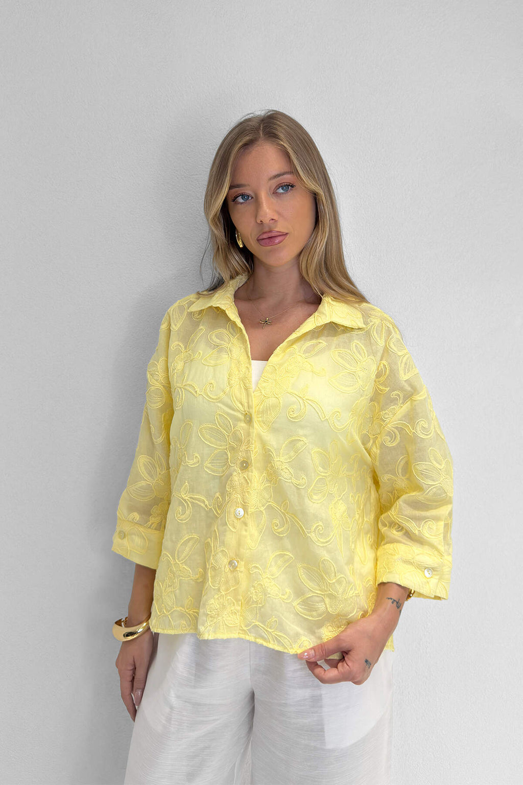 Renk: Sarı | Kordineli Çiçek Desenli Gömlek