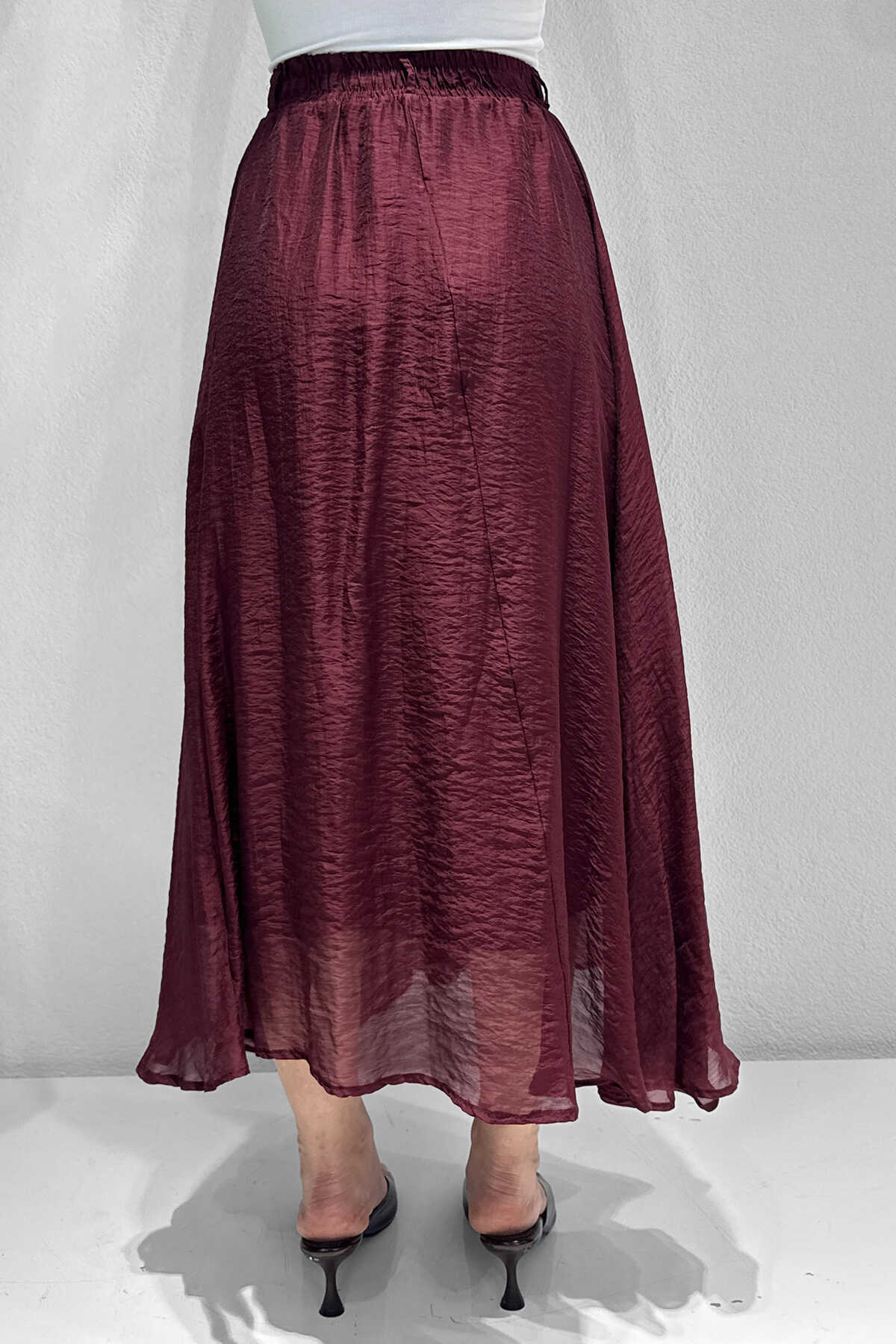 Renk: Bordo | Leopar Kemer Detaylı Midi Etek