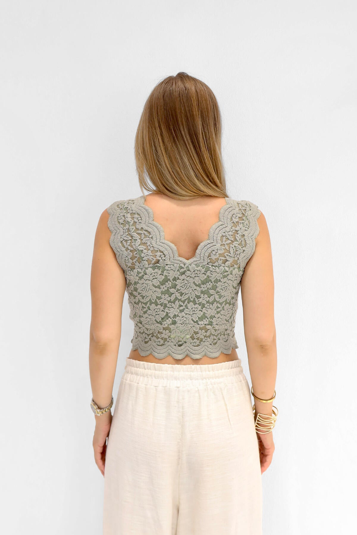 Renk: Yeşil | Dantelli V Yaka Crop Top