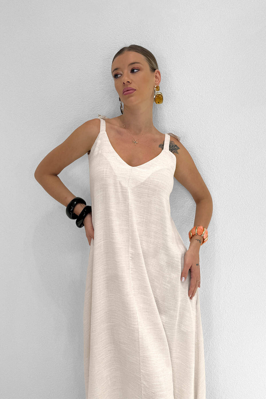Renk: A.Taş | M10174 Omuzdan Bağlamalı Maxi Elbise