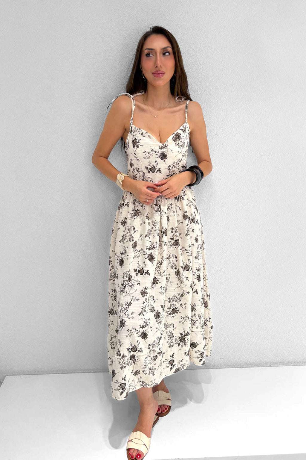 Renk: Haki | Desenli Askısı Bağlamalı Elbise