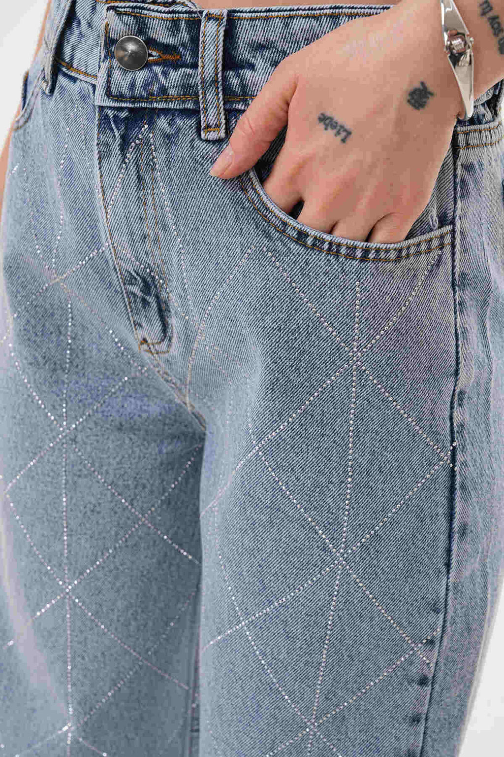 Renk: Mavi | Taş Detaylı Denim Pantolon