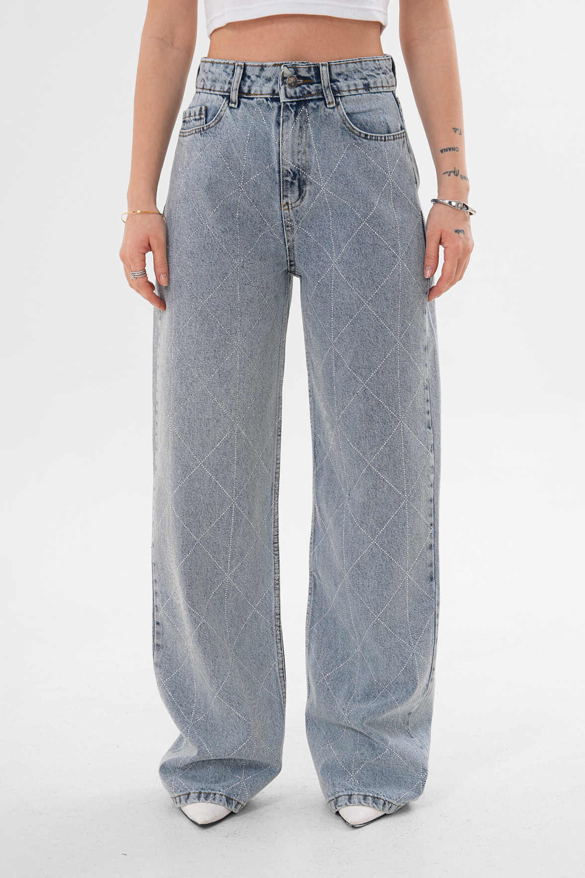 Renk: Mavi | Taş Detaylı Denim Pantolon