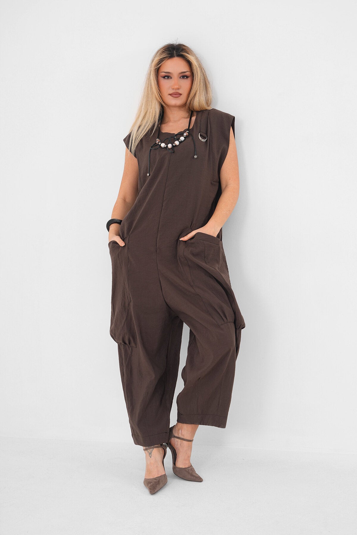 Renk: Kahverengi | Oversize Kolsuz Tulum