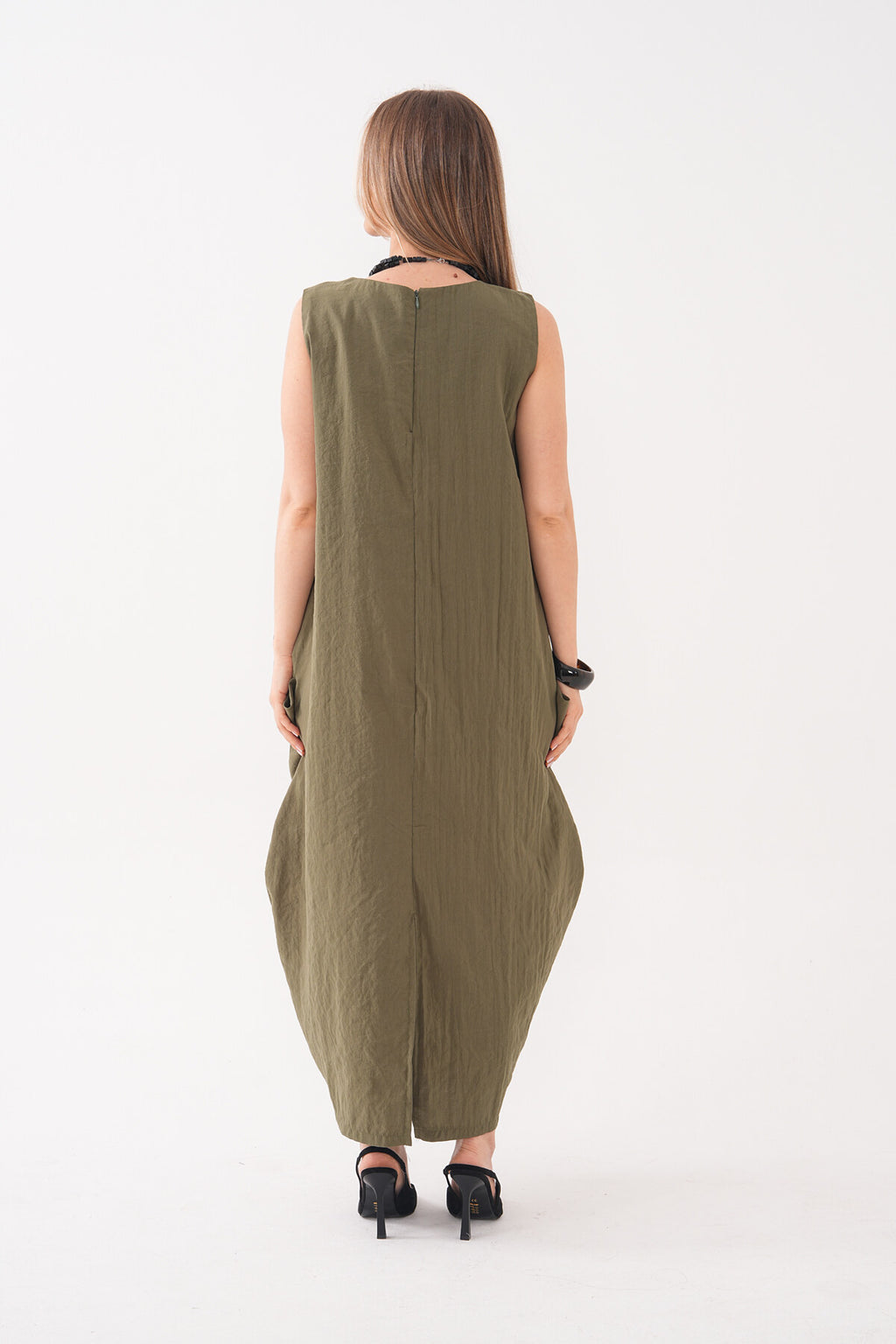 Renk: Haki | Oversize Cepli Midi Elbise