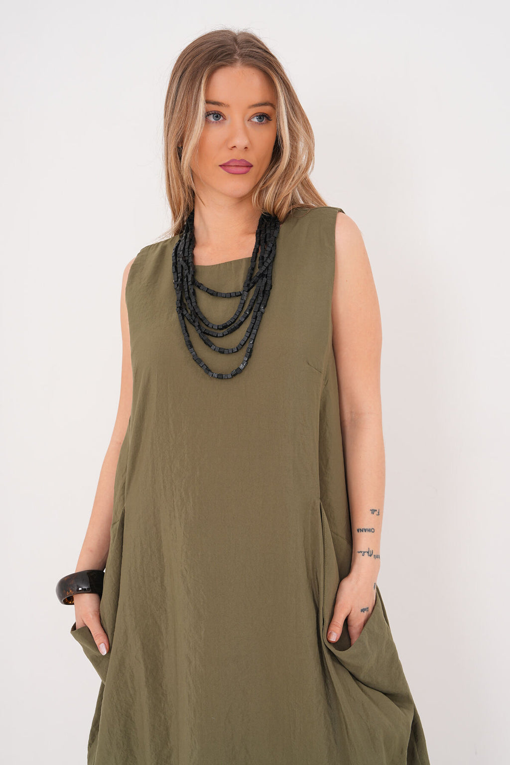 Renk: Haki | Oversize Cepli Midi Elbise