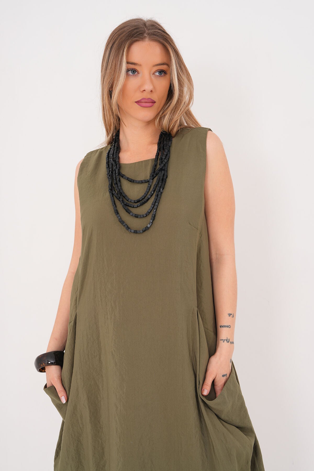 Renk: Haki | Oversize Cepli Midi Elbise