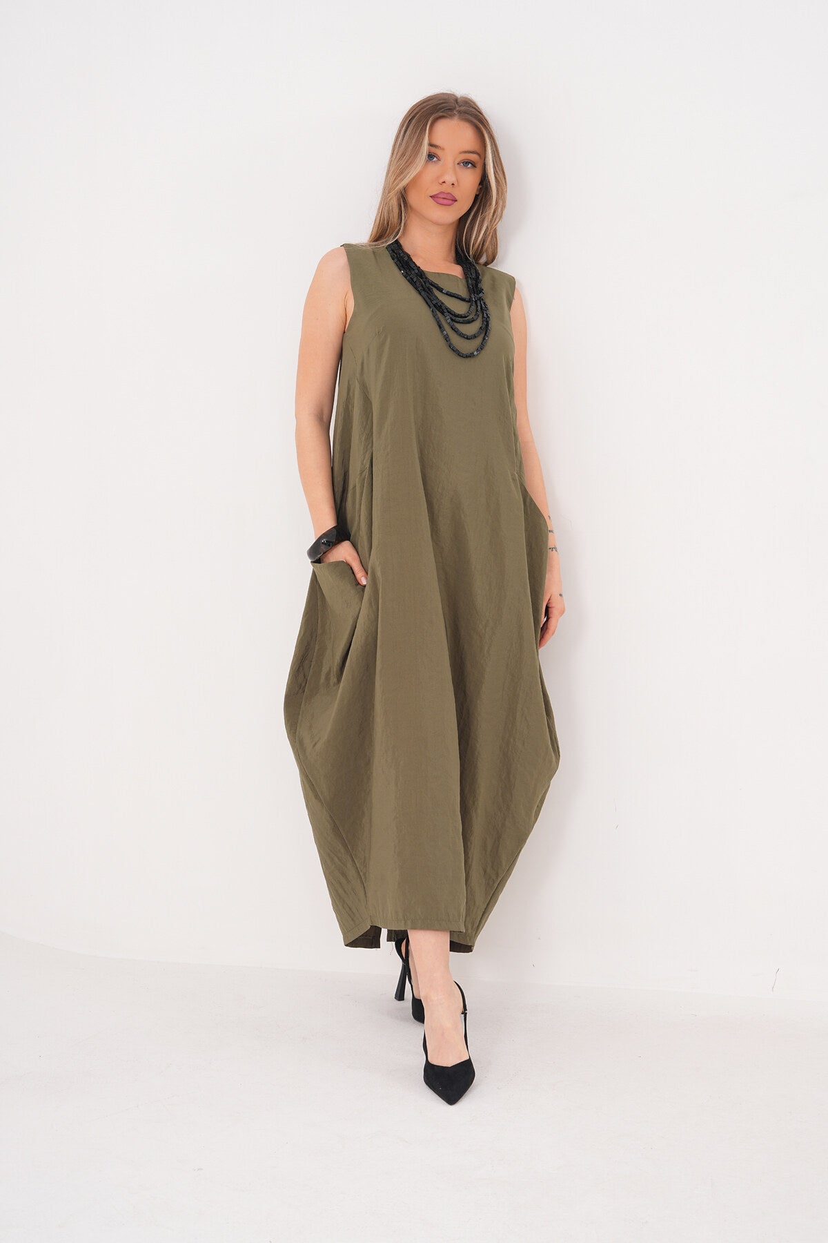 Renk: Haki | Oversize Cepli Midi Elbise