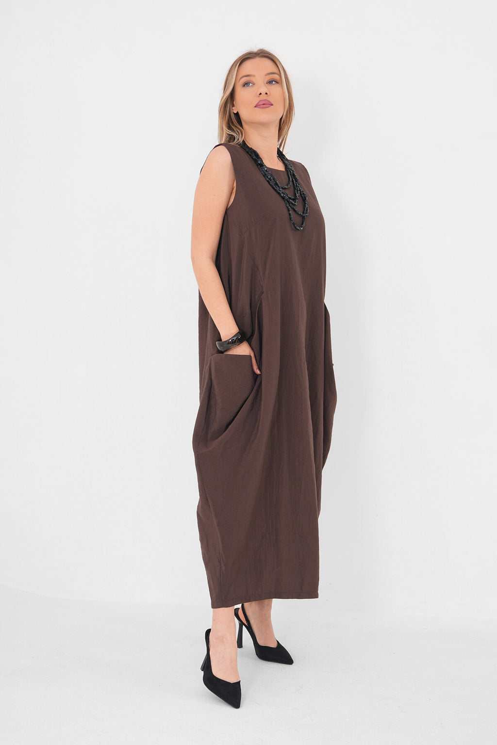 Renk: Kahverengi | Oversize Cepli Midi Elbise