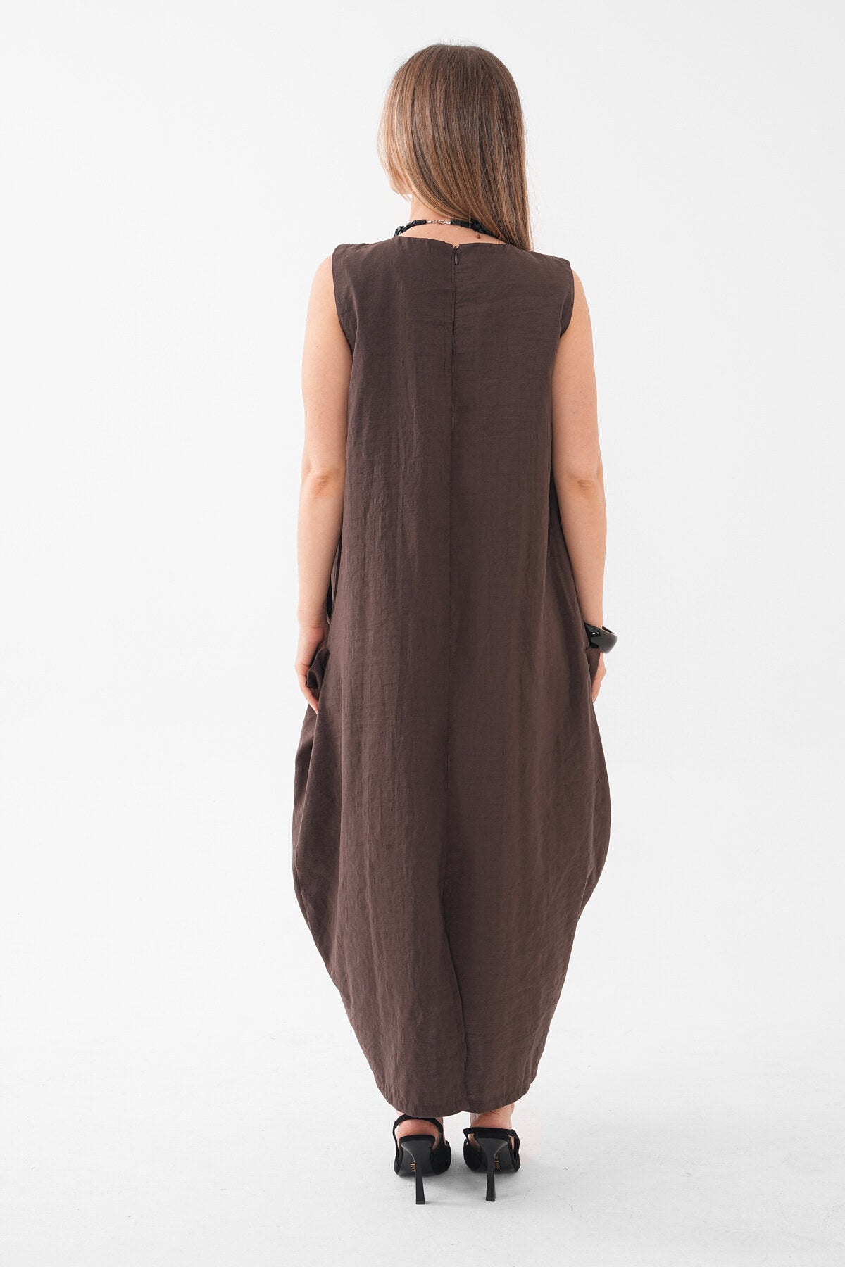 Renk: Kahverengi | Oversize Cepli Midi Elbise