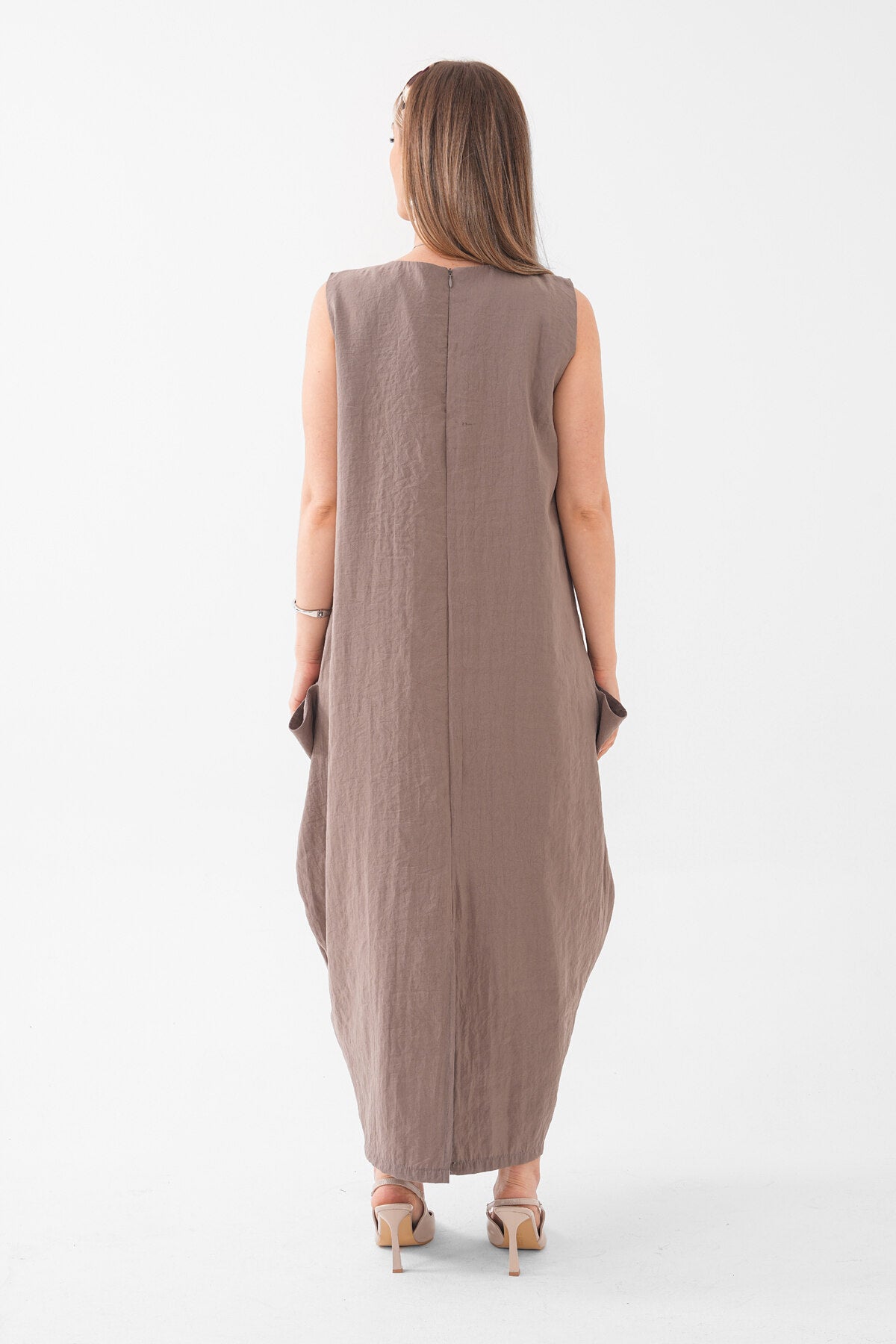 Renk: Vizon | Oversize Cepli Midi Elbise