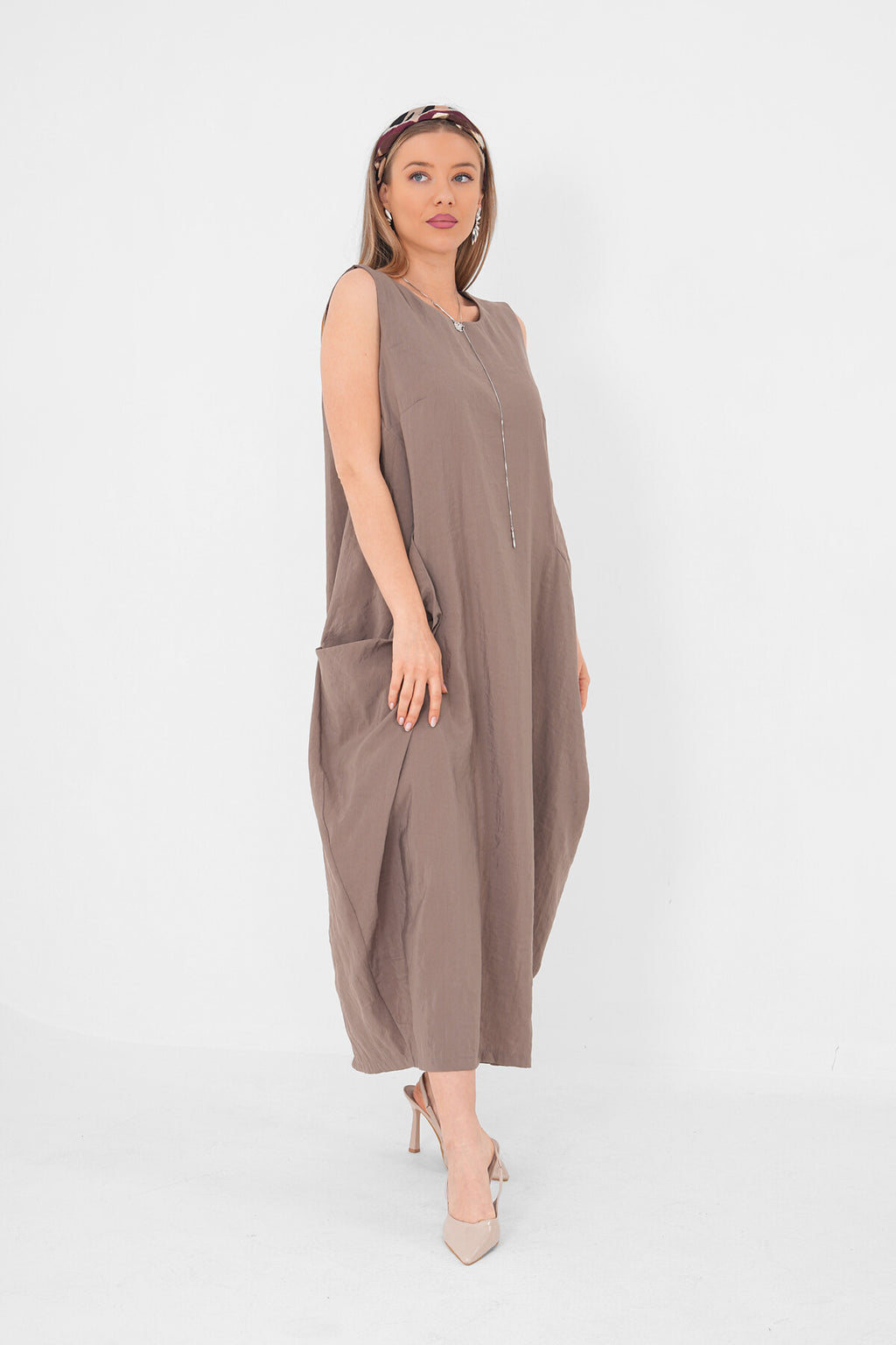 Renk: Vizon | Oversize Cepli Midi Elbise