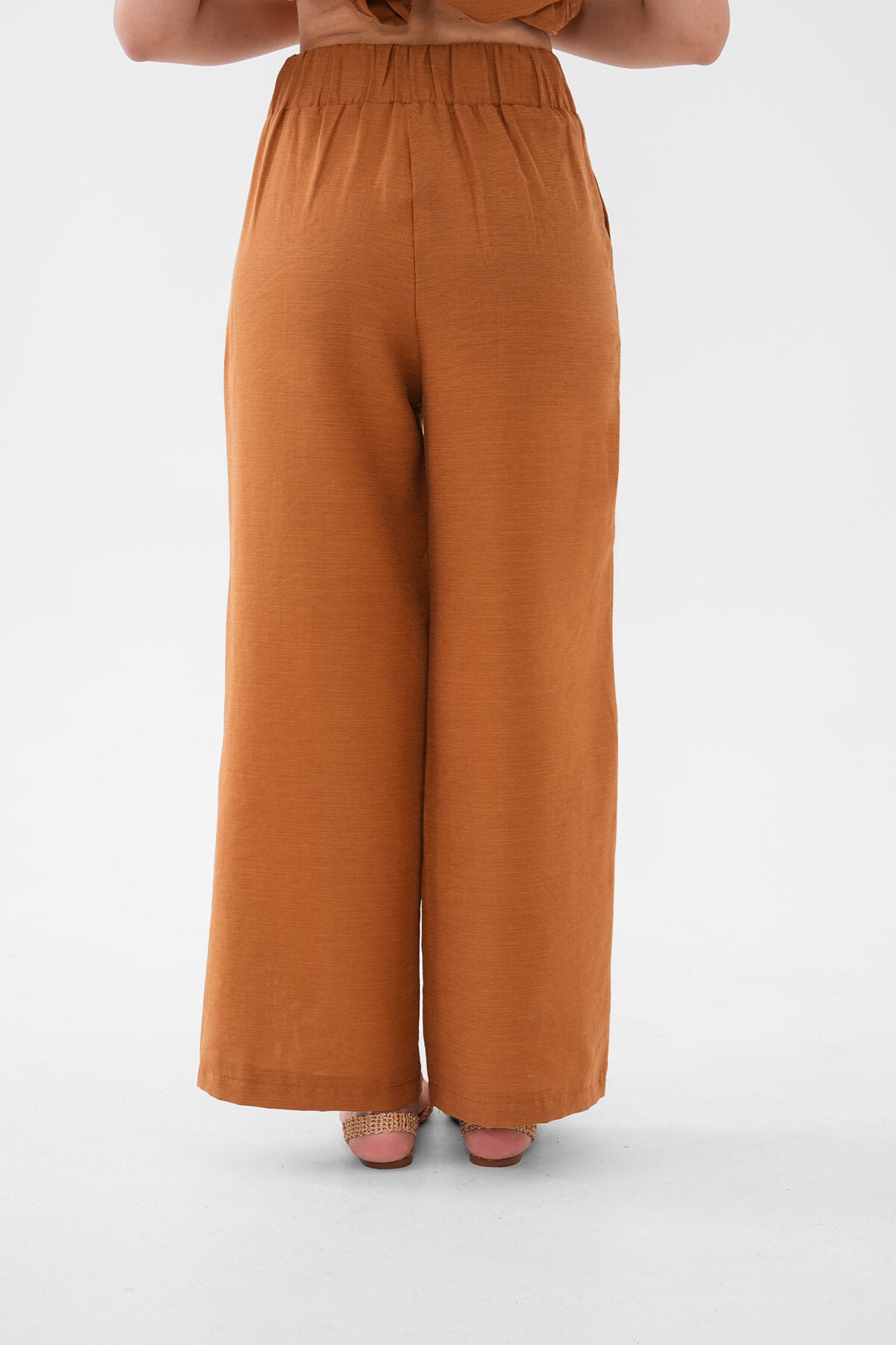Renk: Taba | Nakış Detaylı Keten Pantolon