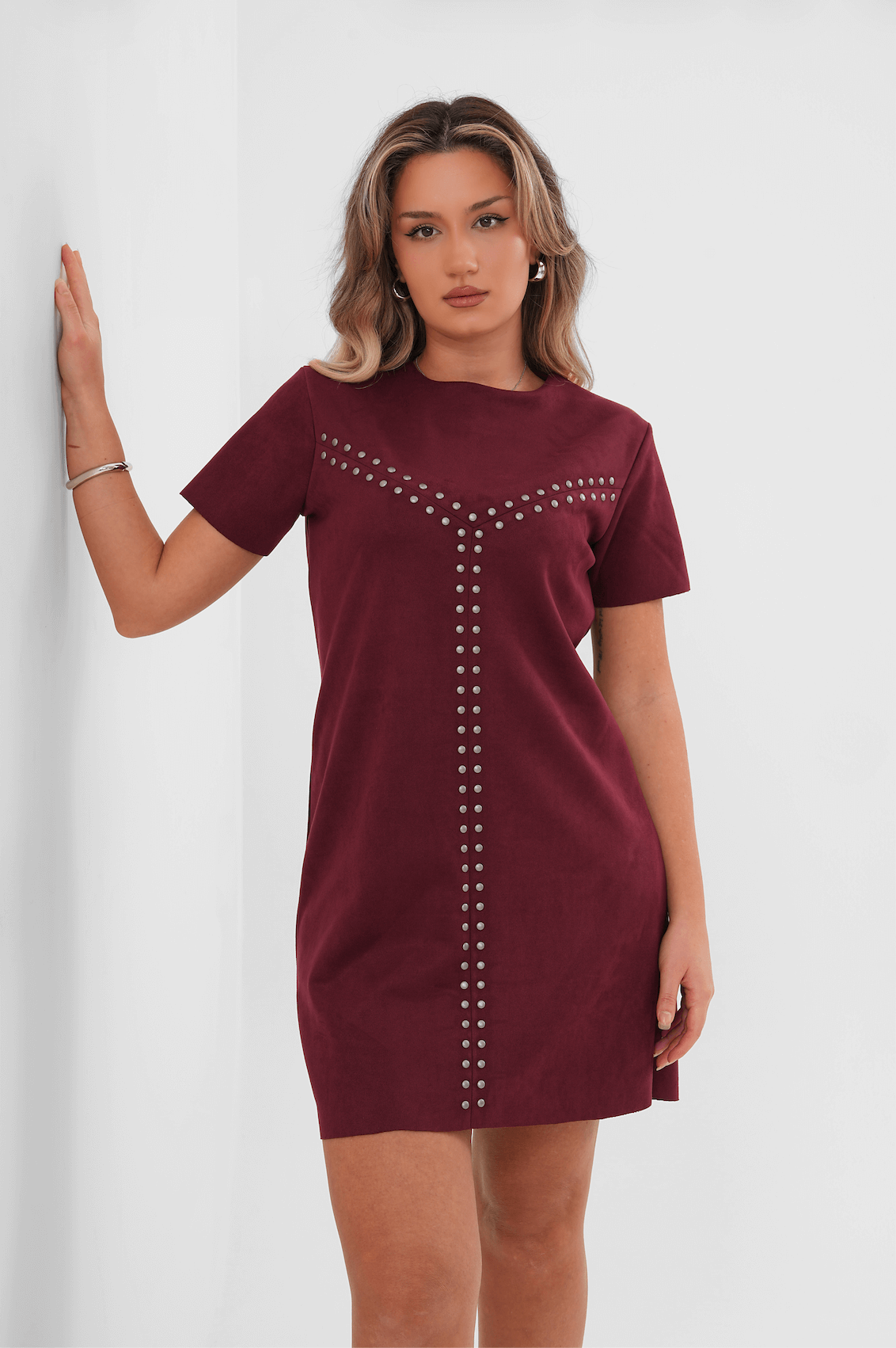 Renk: Bordo | Metal Süs Detaylı Süet Mini Elbise