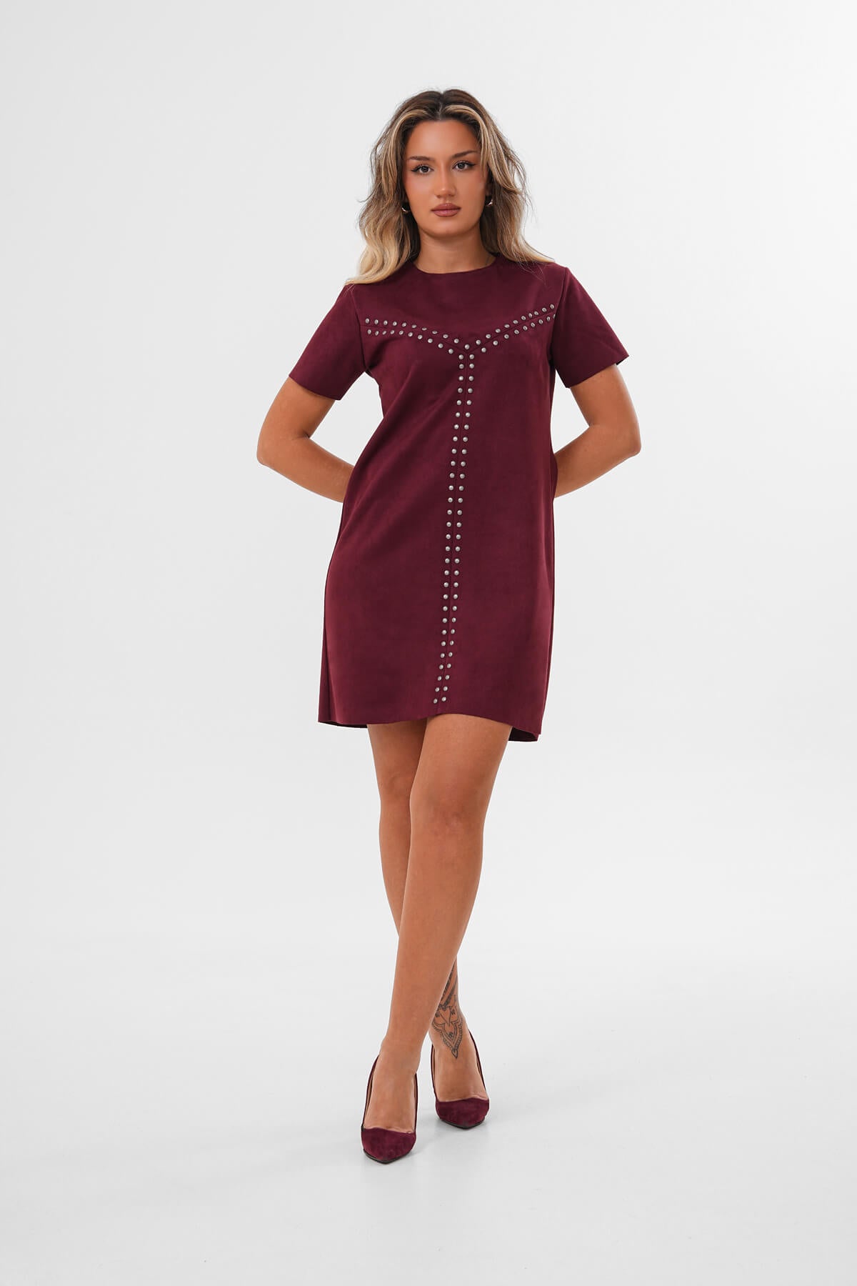 Renk: Bordo | Metal Süs Detaylı Süet Mini Elbise