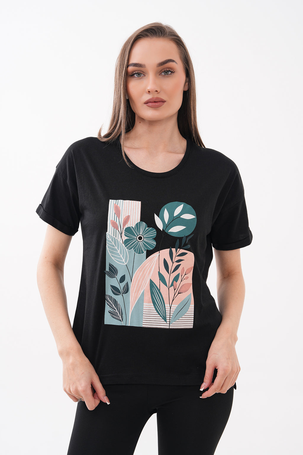 Renk: Siyah | Soyut Renk Bloklu Çiçek Bakılı Tshirt