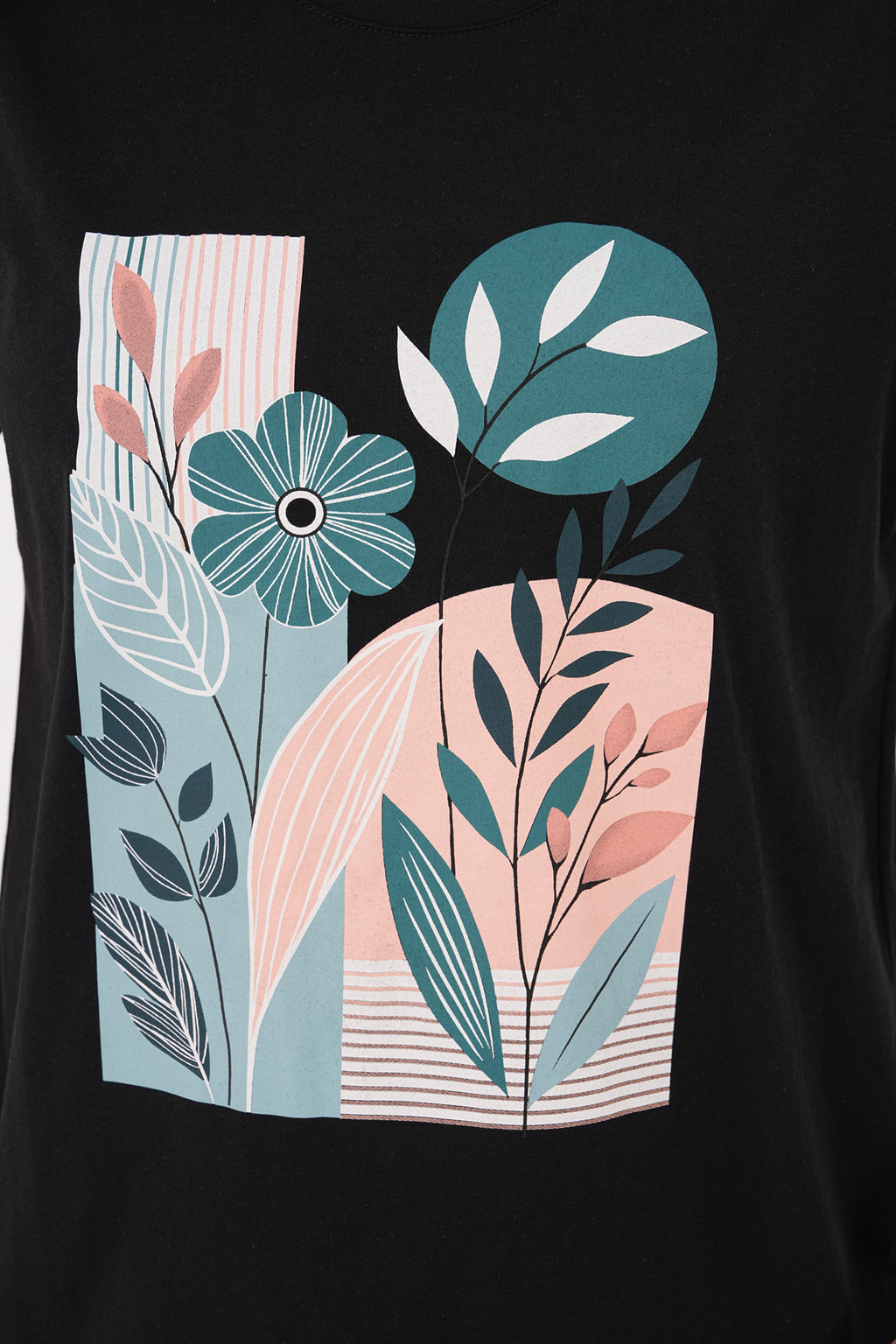 Renk: Siyah | Soyut Renk Bloklu Çiçek Bakılı Tshirt
