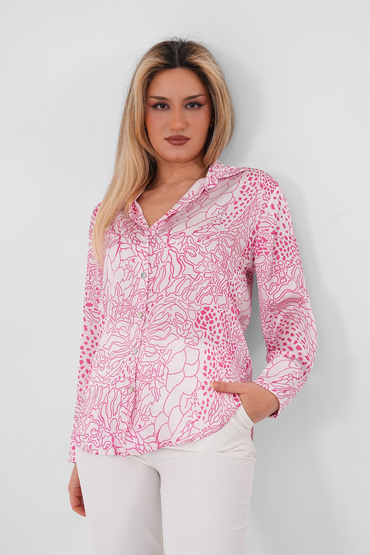 Renk: Pembe | T8001 Desenli Saten Gömlek