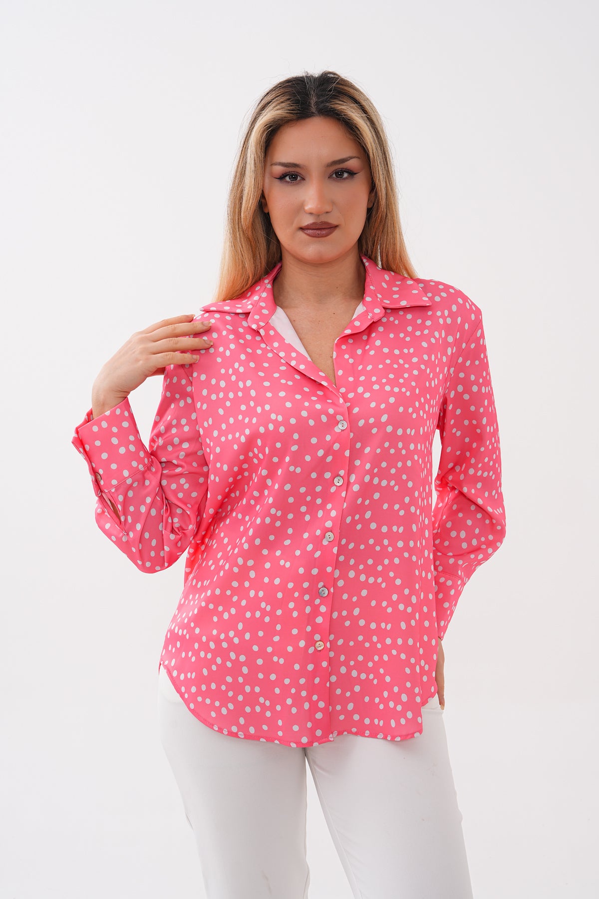 Renk: Pembe | T8003 Puantiyeli Saten Gömlek