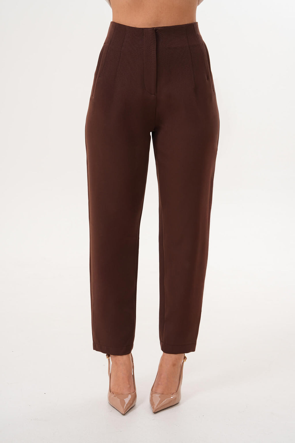 Renk: Kahverengi | Yüksek Bel Dikiş Detaylı Crop Fit Pantolon