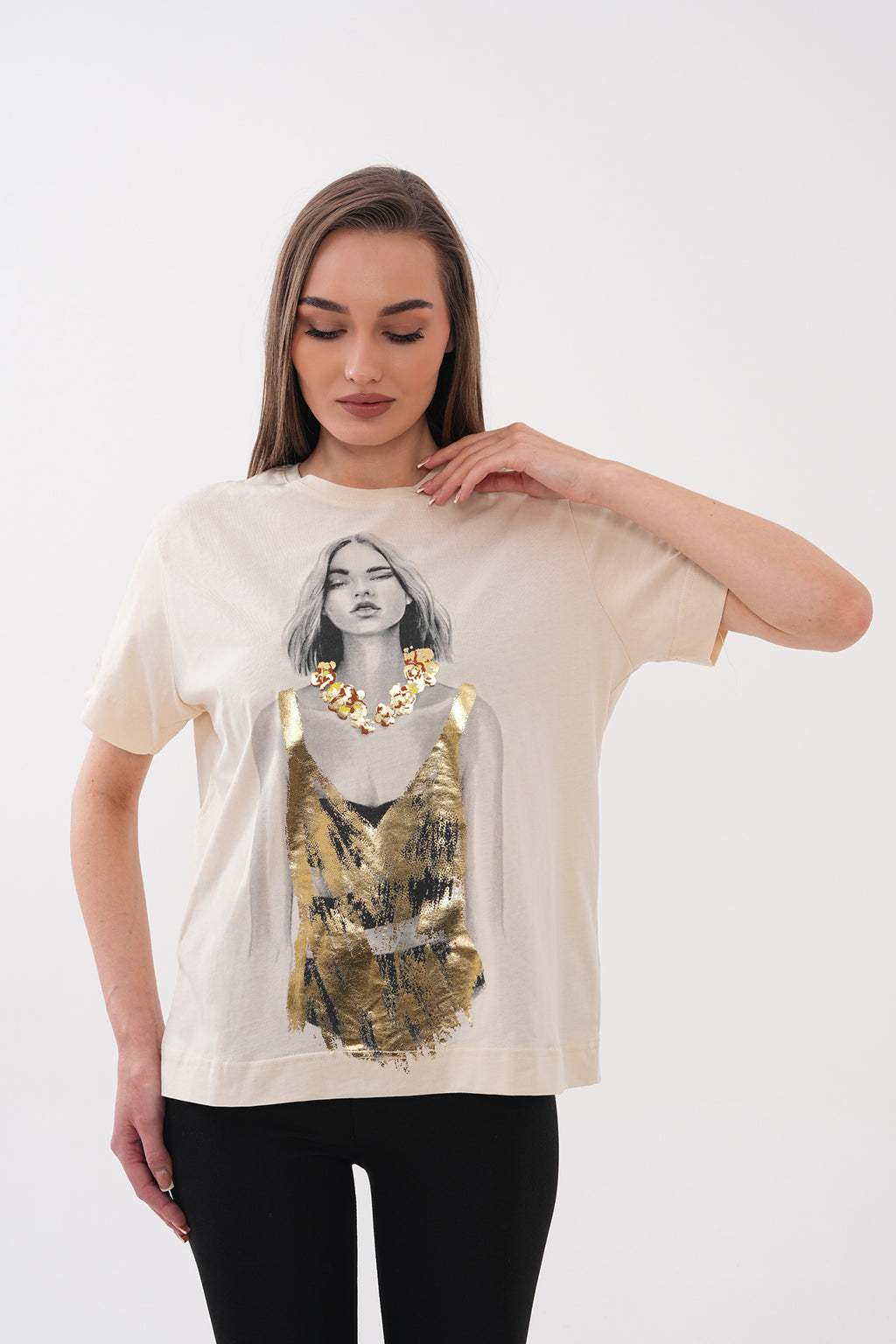 Renk: Bej | Yuvarlak Yaka Kadın Silüetli Baskılı Tshirt